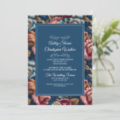 Elegant Navy Floral Teal RSVP QR code Wedding Einladung (Stehend Vorderseite)