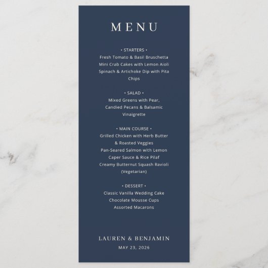 Elegant Navy Formal Menu Menükarte (Vorderseite)