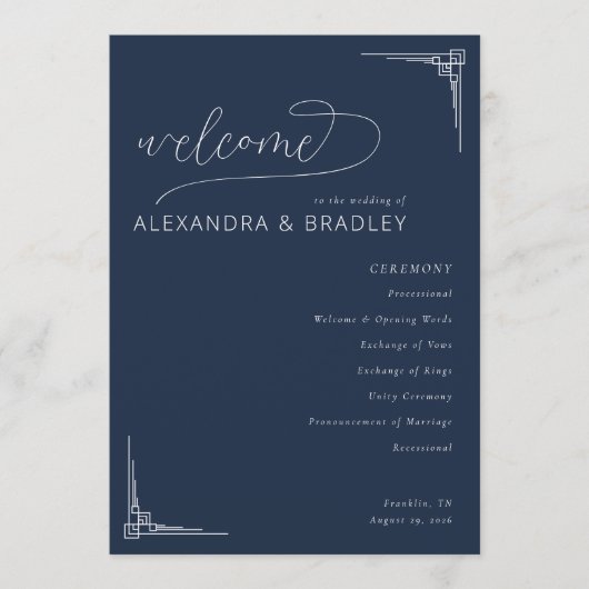 Elegant Navy Geometric Wedding Ceremony Schedule Programm (Vorderseite)