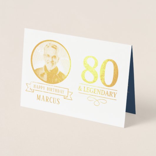 Elegant Navy & Gold 80. & Legendary Birthday Folienkarte (Vorderseite)