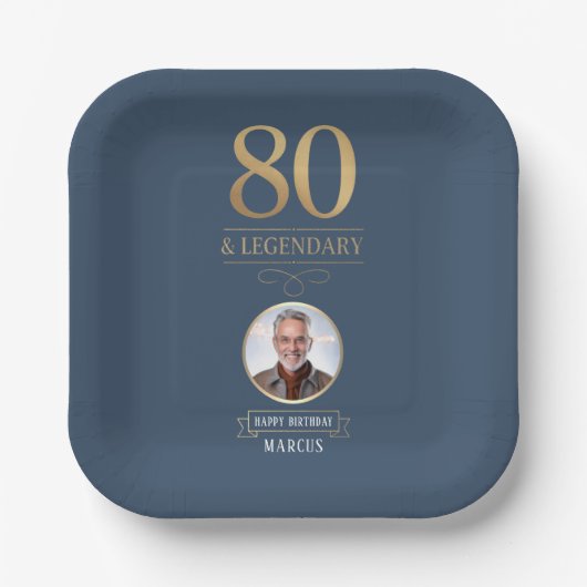 Elegant Navy & Gold 80. & Legendary Birthday Pappteller (Vorderseite)