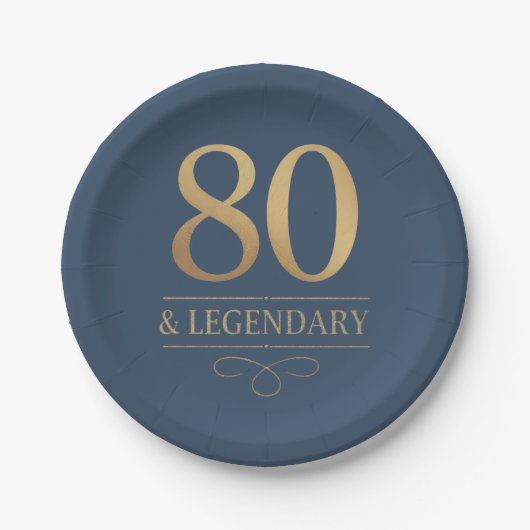 Elegant Navy & Gold 80. & Legendary Birthday Pappteller (Vorderseite)