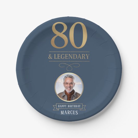 Elegant Navy & Gold 80. & Legendary Birthday Pappteller (Vorderseite)