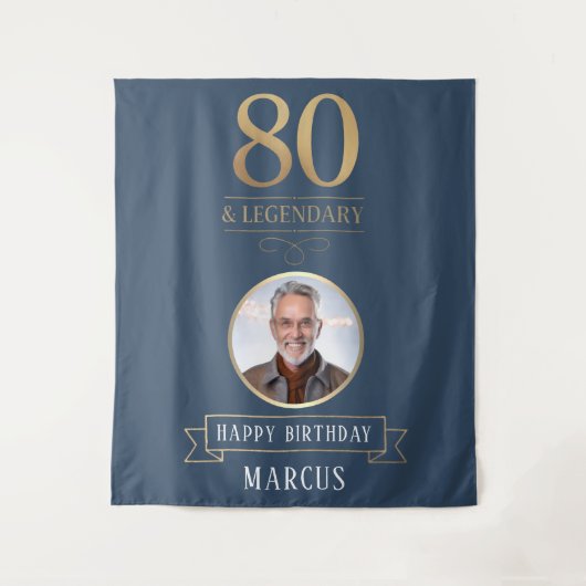 Elegant Navy & Gold 80. & Legendary Birthday Wandteppich (Vorderseite)