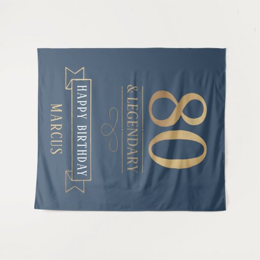 Elegant Navy & Gold 80. & Legendary Birthday Wandteppich (Vorderseite (Horizontal))