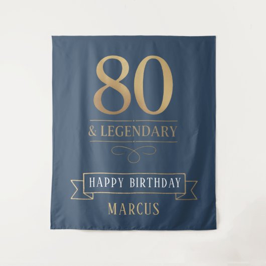 Elegant Navy & Gold 80. & Legendary Birthday Wandteppich (Vorderseite)