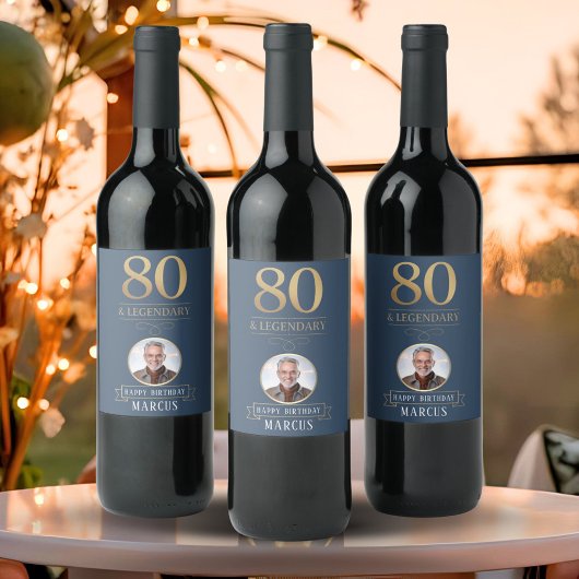 Elegant Navy & Gold 80. & Legendary Birthday Weinetikett