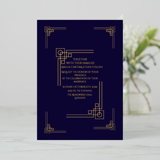 Elegant Navy& Gold Art Deco Personalized Folieneinladung (Stehend vorne)