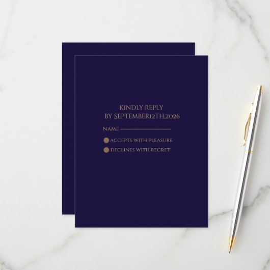 Elegant Navy& Gold Art Deco Personalized  RSVP Karte (Vorderseite/Rückseite Beispiel)