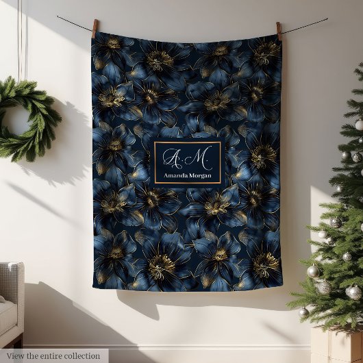 Elegant Navy Gold Blanket Custom Name Floral Art Fleecedecke