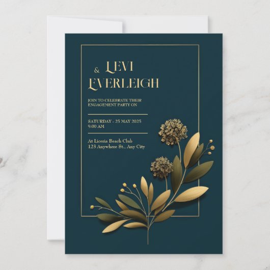 Elegant Navy Gold Botanical Wedding Einladung (Vorderseite)