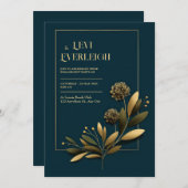 Elegant Navy Gold Botanical Wedding Einladung (Vorne/Hinten)
