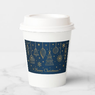 Elegant Navy Gold Christmas Pattern Paper Cups Pappbecher