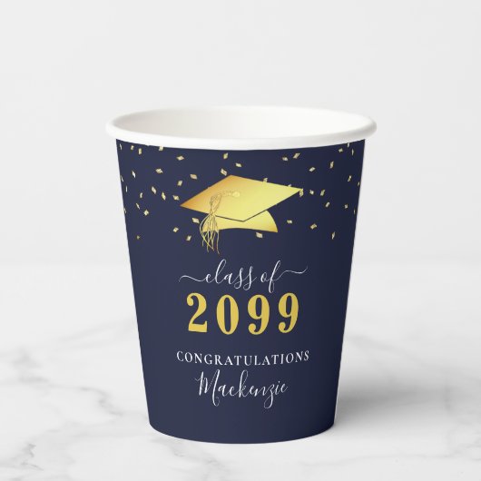 Elegant Navy Gold Confetti Script Abschluss Pappbecher (Rückseite)