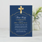 Elegant Navy Gold First Holy Communion Einladung (Stehend Vorderseite)