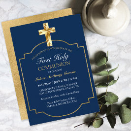 Elegant Navy Gold First Holy Communion Einladung
