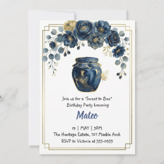 Elegant Navy Gold Floral Bee Honey Birthday Einladung