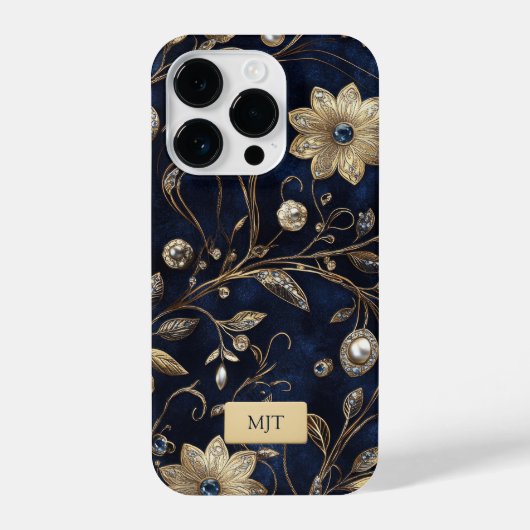 Elegant Navy Gold Floral Phone Case iPhone Hülle (Rückseite)
