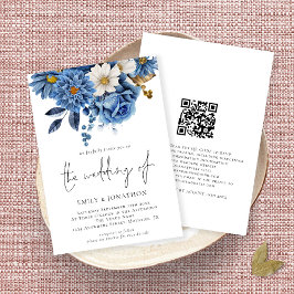 Elegant Navy Gold Florals QR Code Hochzeit Einladung