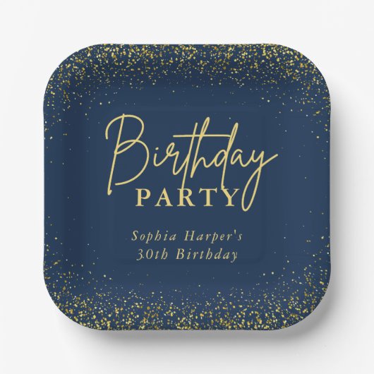 Elegant Navy Gold Glitter Confetti Birthday Party Pappteller (Vorderseite)