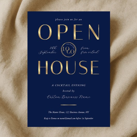 Elegant Navy & Gold Logo Business Open House Einladung