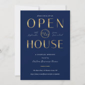 Elegant Navy & Gold Logo Business Open House Einladung (Vorderseite)