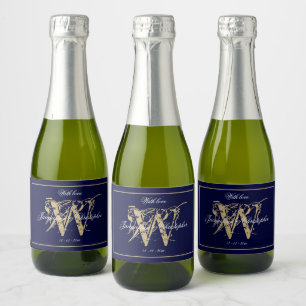 Elegant Navy Gold Monogram Names Chic Wedding Mini Schaumweinetikett