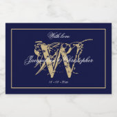 Elegant Navy Gold Monogram Names Chic Wedding Mini Schaumweinetikett (Einzelnes Label)