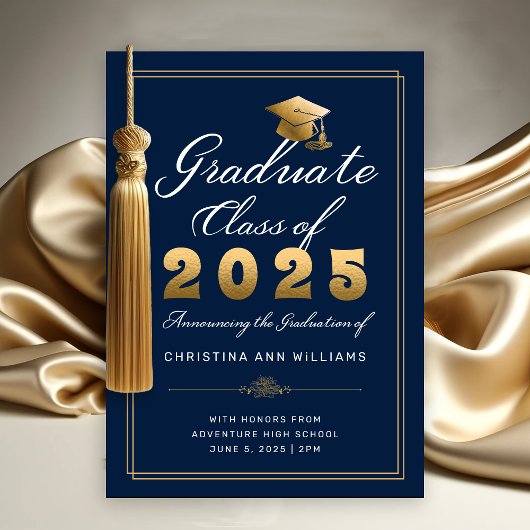 Elegant Navy Gold Script Class of 2025 Graduate Ankündigung