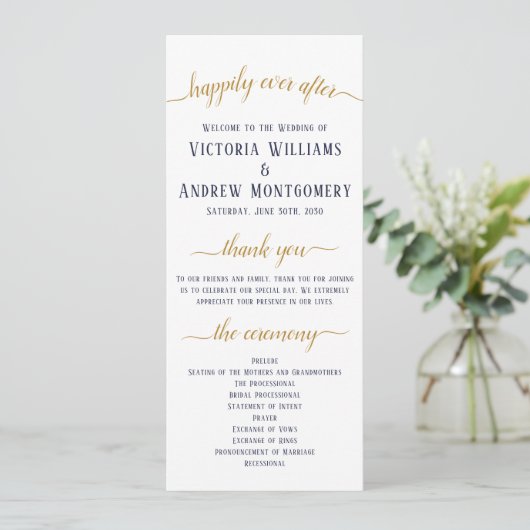 Elegant Navy Gold Script Minimal Hochzeitsfeier Programm (Stehend Vorderseite)