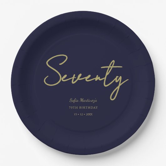 Elegant Navy Gold Seventy Birthday Paper Plate Pappteller (Vorderseite)