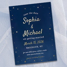 Elegant Navy & Gold Stars Celestial Save the Date Folieneinladung