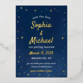 Elegant Navy & Gold Stars Celestial Save the Date Folieneinladung (Vorderseite)