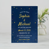 Elegant Navy & Gold Stars Celestial Save the Date Folieneinladung (Stehend vorne)