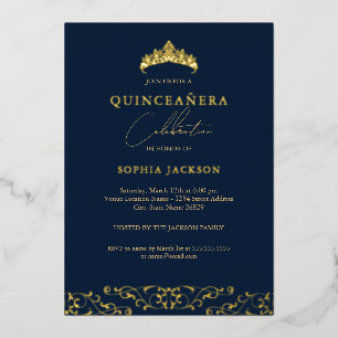 Elegant Navy Gold Tiara Script Quinceanera Folieneinladung