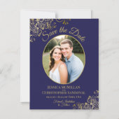 Elegant Navy & Gold Wedding Save the Date Photo Magneteinladung (Vorderseite)