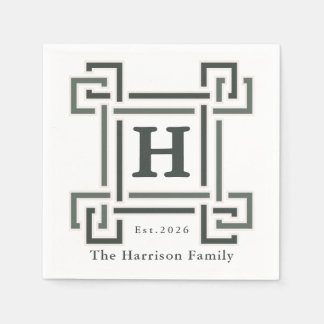 Elegant Navy Gray Monogram Family Name Serviette
