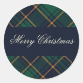 Elegant Navy Green Plaid Christmas Runder Aufkleber (Vorderseite)