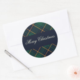 Elegant Navy Green Plaid Christmas Runder Aufkleber