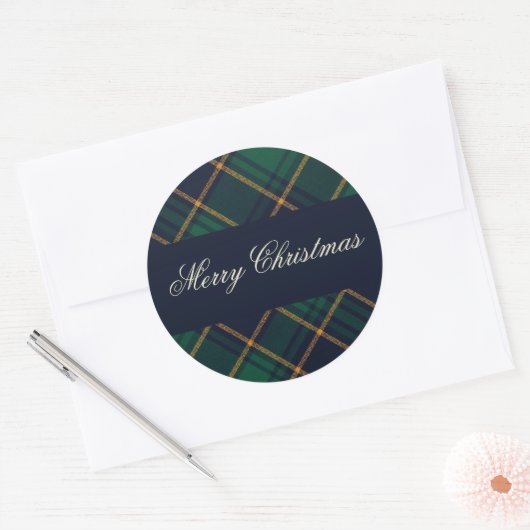 Elegant Navy Green Plaid Christmas Runder Aufkleber (Umschlag)