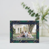 Elegant Navy Green Plaid Happy Holidays Postkarte (Stehend Vorderseite)