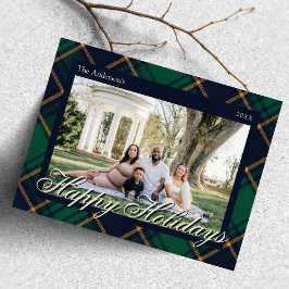 Elegant Navy Green Plaid Happy Holidays Postkarte