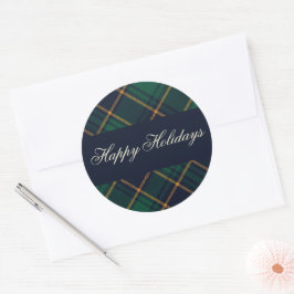 Elegant Navy Green Plaid Holiday Runder Aufkleber
