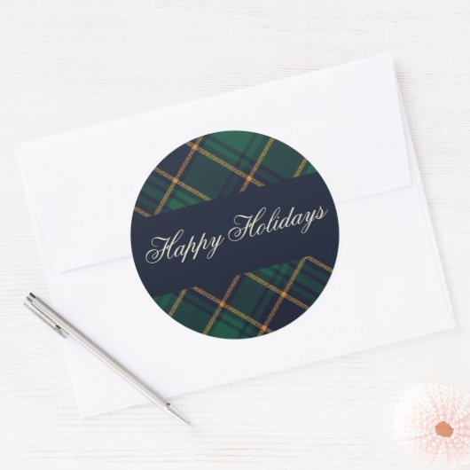Elegant Navy Green Plaid Holiday Runder Aufkleber (Umschlag)