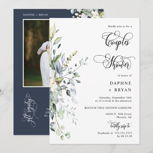 Elegant Navy Greenerenery Couples Dusche QR Code F Einladung (Vorne/Hinten)