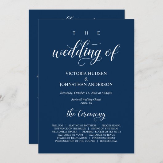 Elegant Navy Klassenskript, Hochzeitfeiertag Progr Programm (Vorne/Hinten)