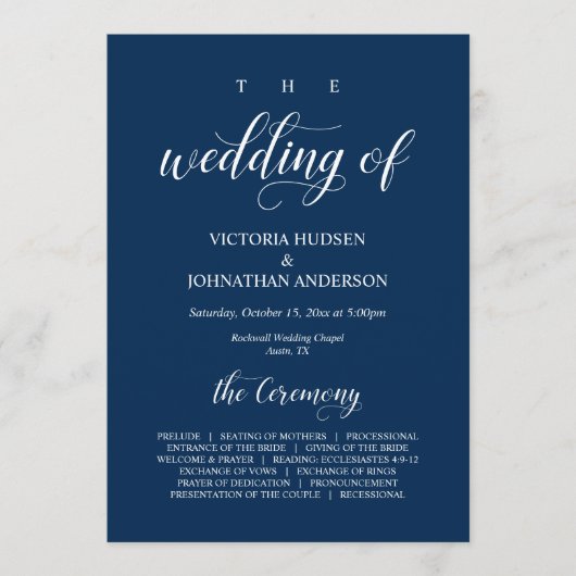 Elegant Navy Klassenskript, Hochzeitfeiertag Progr Programm (Vorderseite)