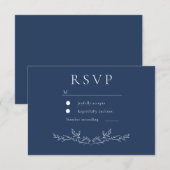 Elegant Navy Leaf Line Art Wedding RSVP Karte (Vorne/Hinten)