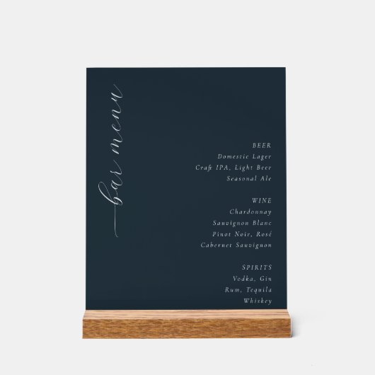 Elegant Navy Minimalist Bar Menu Acrylschild (Vorderseite)
