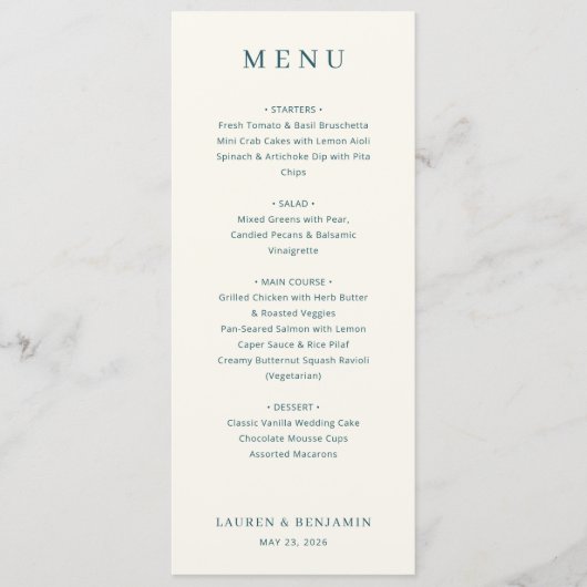 Elegant Navy Minimalist Menu Menükarte (Vorderseite)